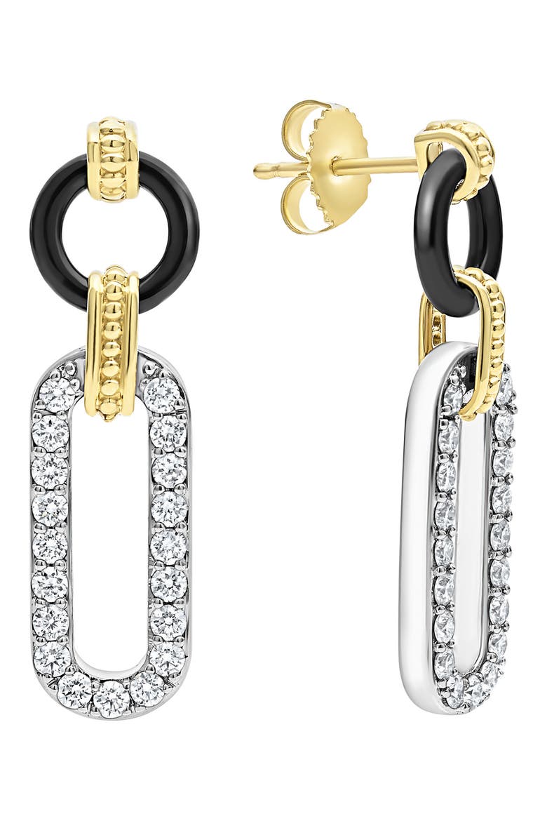 Signature Caviar Diamond & Black Ceramic Link Drop Earrings, Main, color, BLACK