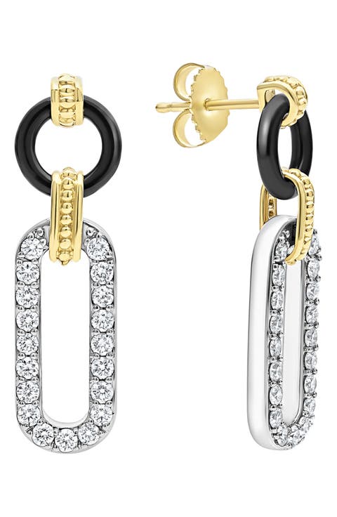 Signature Caviar Diamond & Black Ceramic Link Drop Earrings