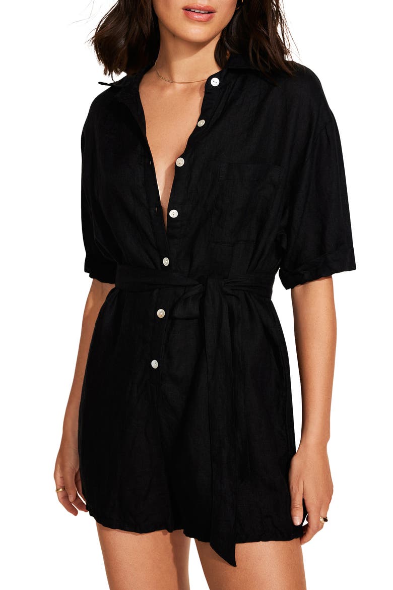 Playa Linen Cover-Up Romper, Alternate, color, BLACK