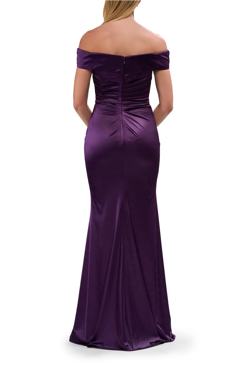 Off the Shoulder Stretch Satin Evening Dress, Alternate, color, Eggplant