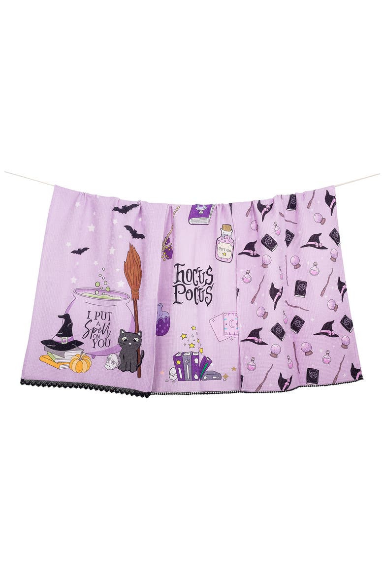 The Midnight Magic Set of 3 Cotton Waffle Kitchen Towels, Main, color, LAVENDER/ BLACK / ORANGE