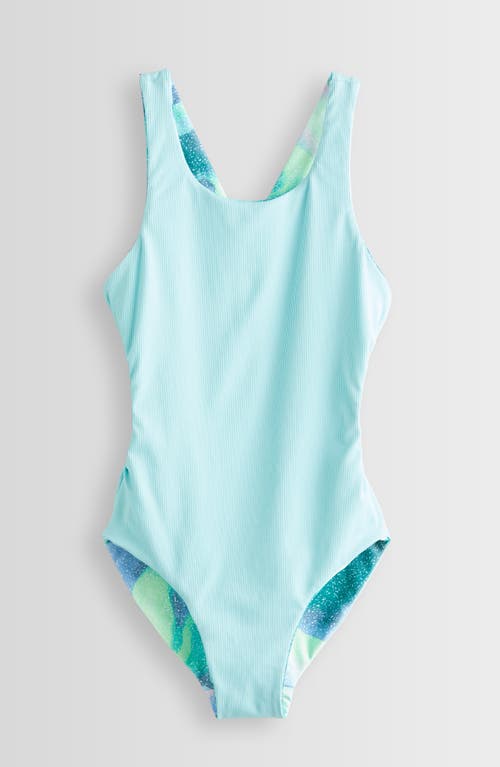 Shop Zella Girl Kids' Reversible One-piece Swimsuit In Teal Turquoise Static Tie Dye