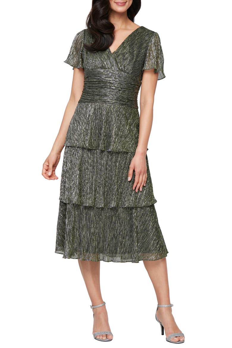 Metallic Surplice Neck Dress, Main, color, EMERALD GREEN
