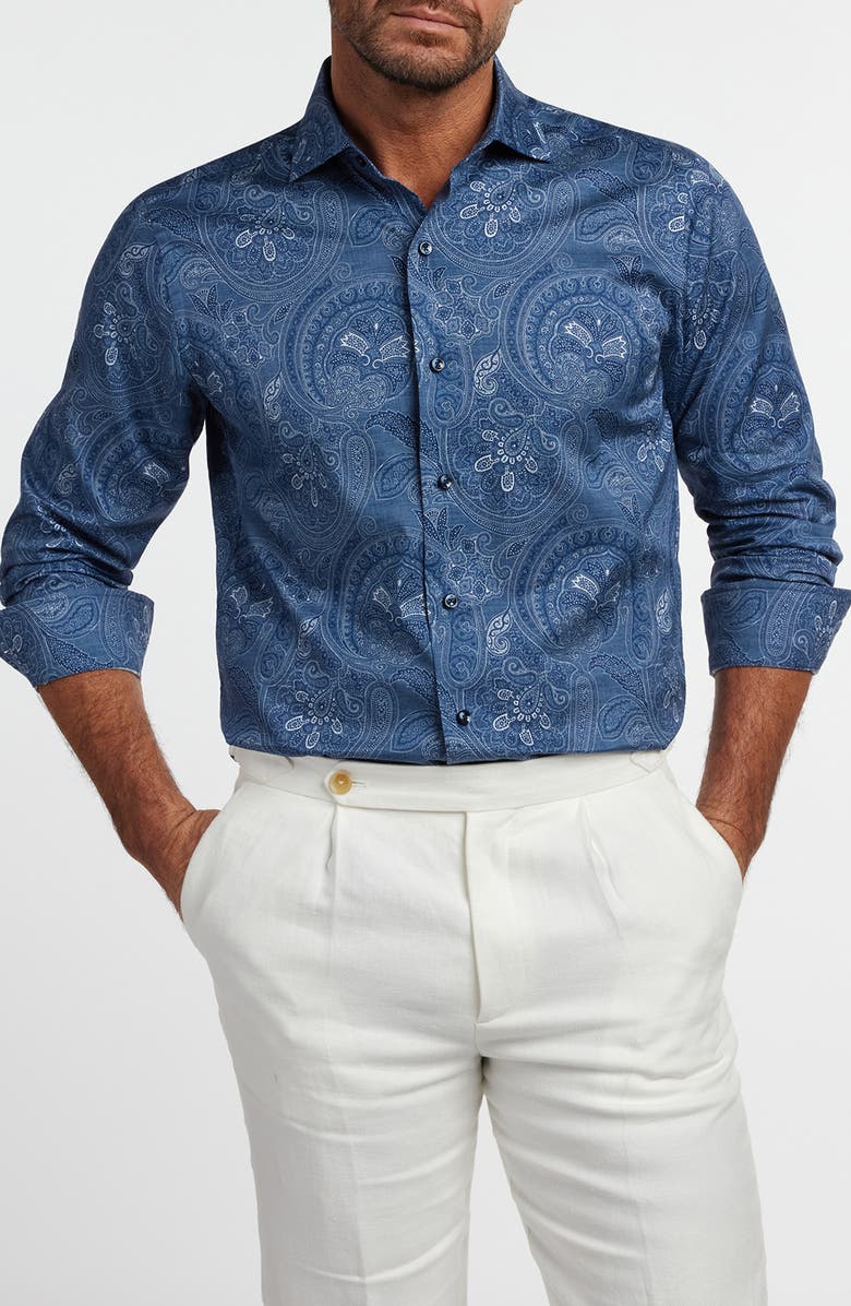David Donahue Paisley Print Cotton Button-Up Shirt, Alternate, color, Navy