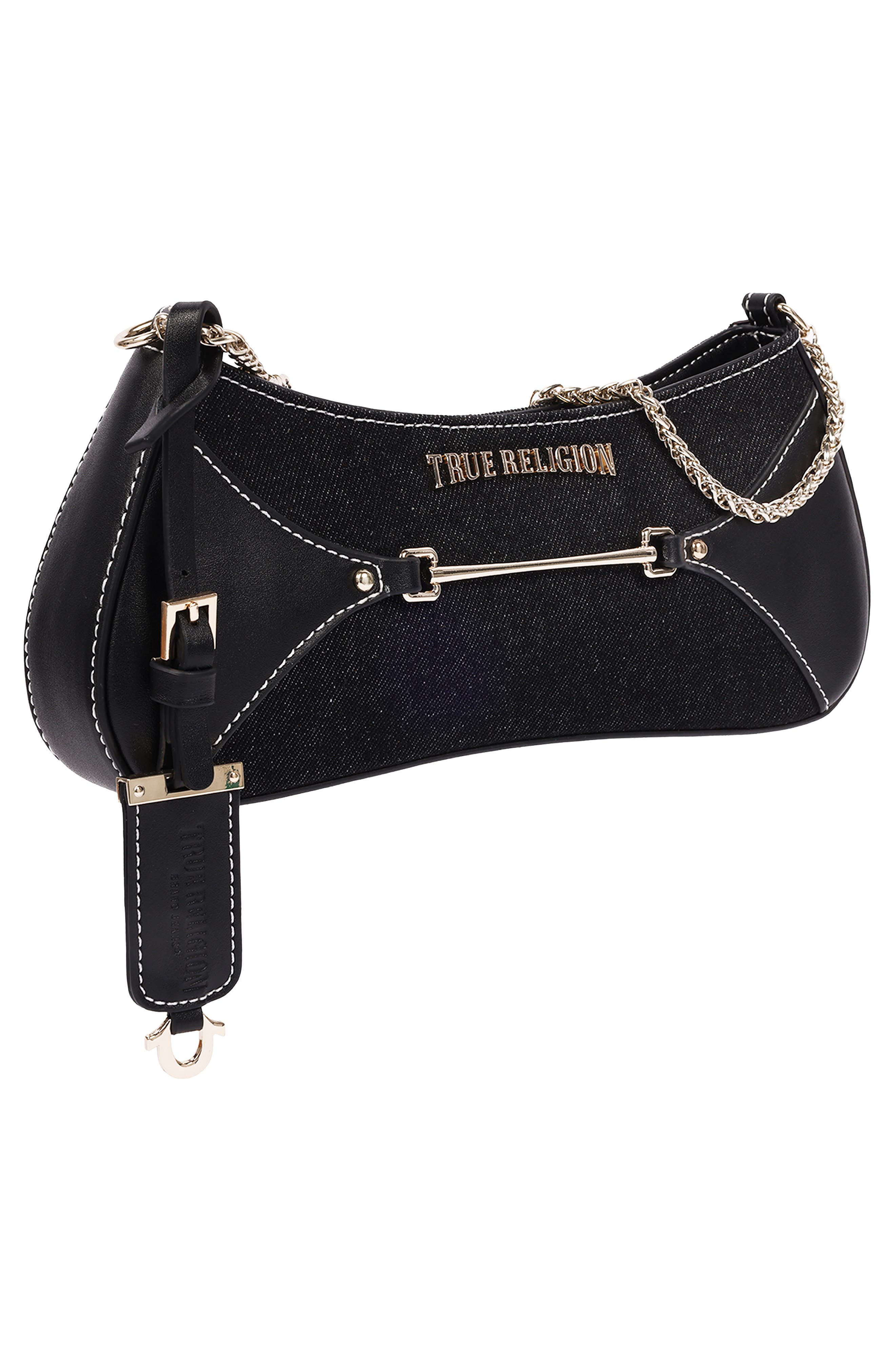 Zip Top Denim Shoulder Bag, Alternate, color, BLACK