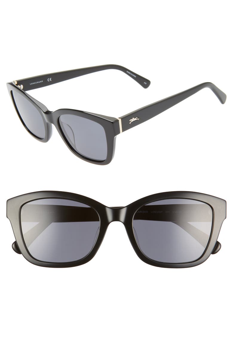 Longchamp Heritage 53mm Polarized Square Sunglasses, Main, color, Black