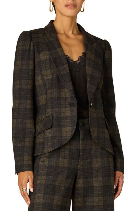 Plaid Puff Shoulder Blazer