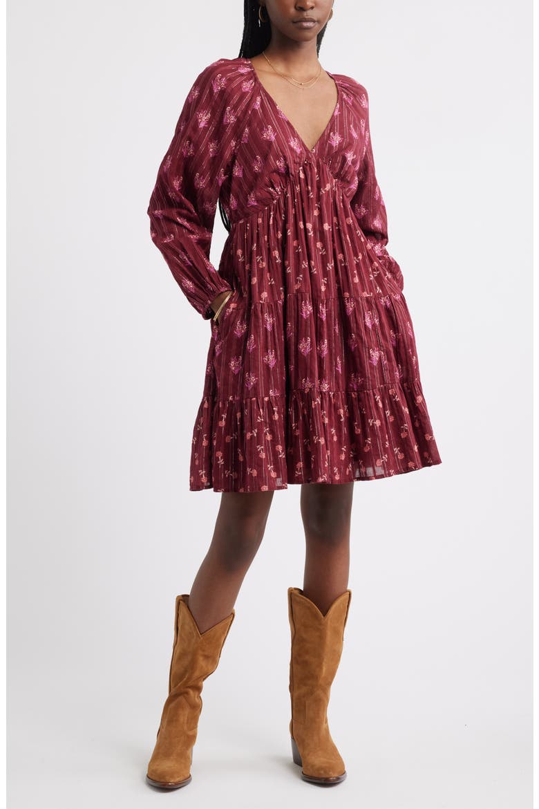Floral Print Jacquard Long Sleeve Minidress, Main, color, RED-PINK BOUQUET FLIP MIX