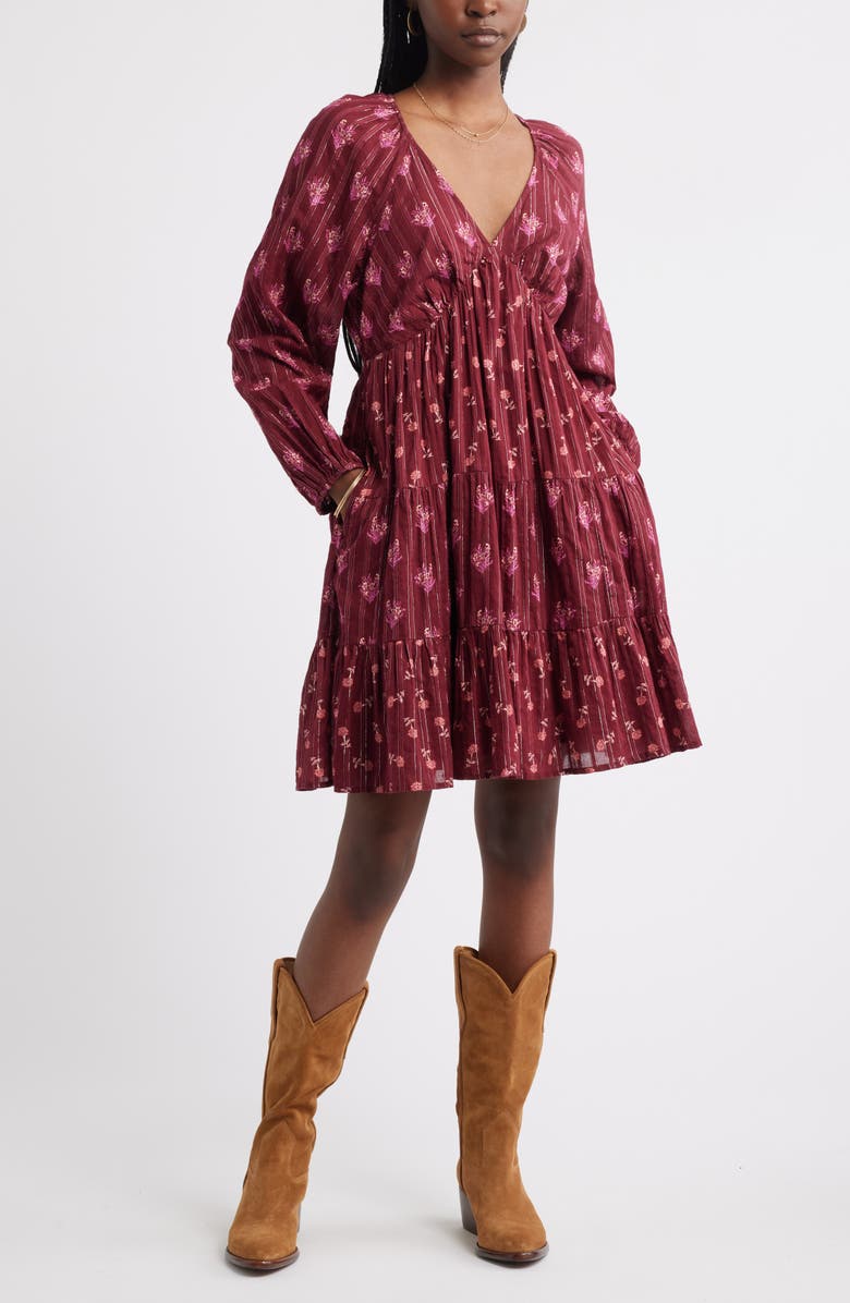 Treasure & Bond Floral Print Jacquard Long Sleeve Minidress, Main, color, Red-Pink Bouquet Flip Mix