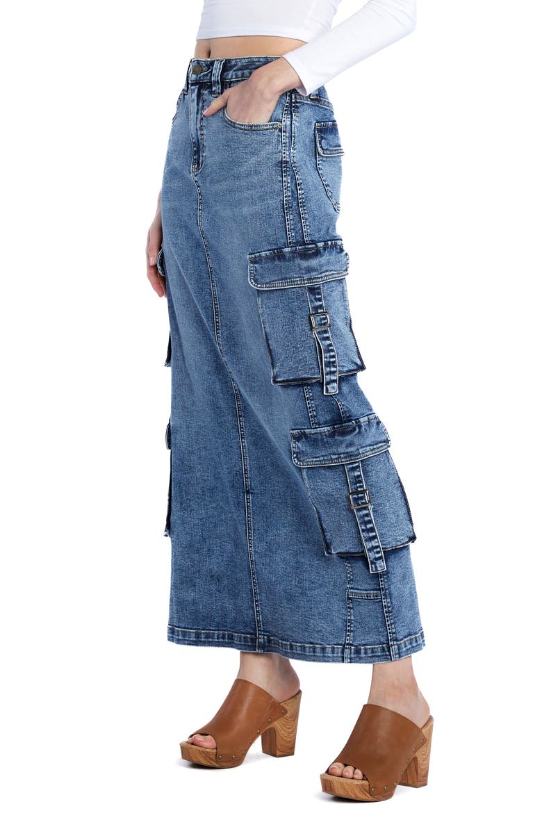 Cargo Pocket Denim Maxi Skirt, Alternate, color, CARGO BLUE