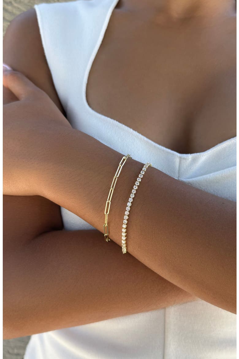 14K Gold Plated Paper Clip Chain & Crystal Tennis Bracelet Set, Alternate, color, GOLD