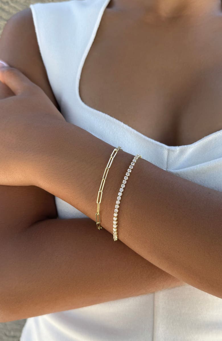 Adornia 14K Gold Plated Paper Clip Chain & Crystal Tennis Bracelet Set, Alternate, color, Gold