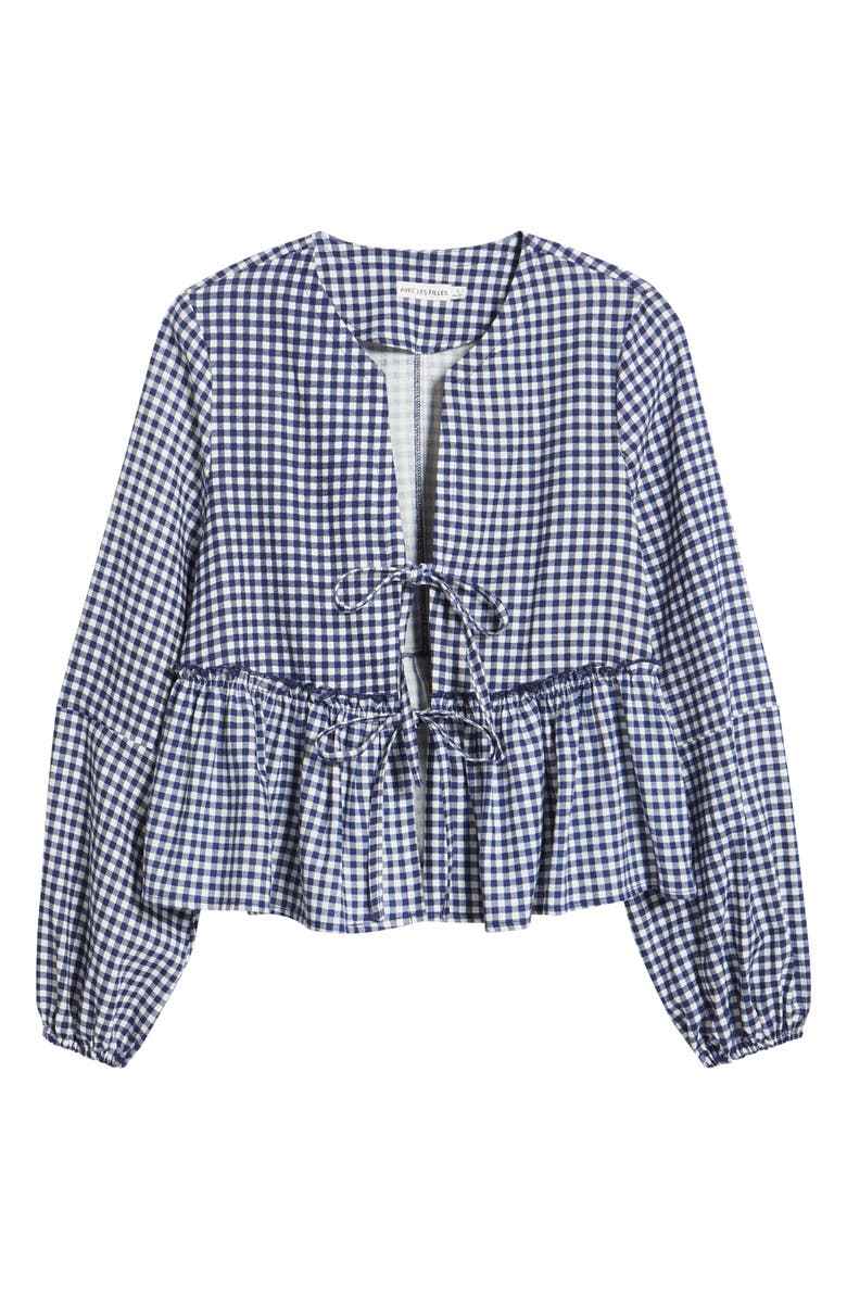 Avec Les Filles Tie Front Gingahm Linen Blend Top, Alternate, color, Navy-White Gingham