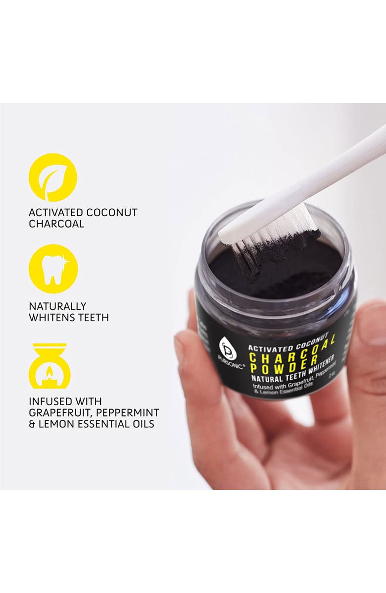 PURSONIC Natural Radiance Combo Activated Coconut Charcoal Powder Natural Teeth Whitener + Cedarwood Toothbrushes, Alternate, color, Multicolor