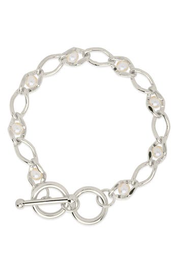 Sterling Forever 14k Gold Plated Amedea Synthetic Pearl Chain Bracelet In Silver