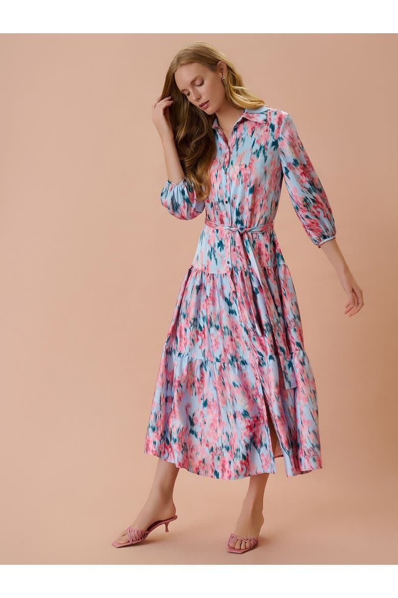 Printed Floral Crepe de Chine Tiered Maxi Dress, Alternate, color, Pink/Blue/Biscotti/Black