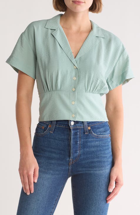 Drapey Banded Bottom Button-Up Top