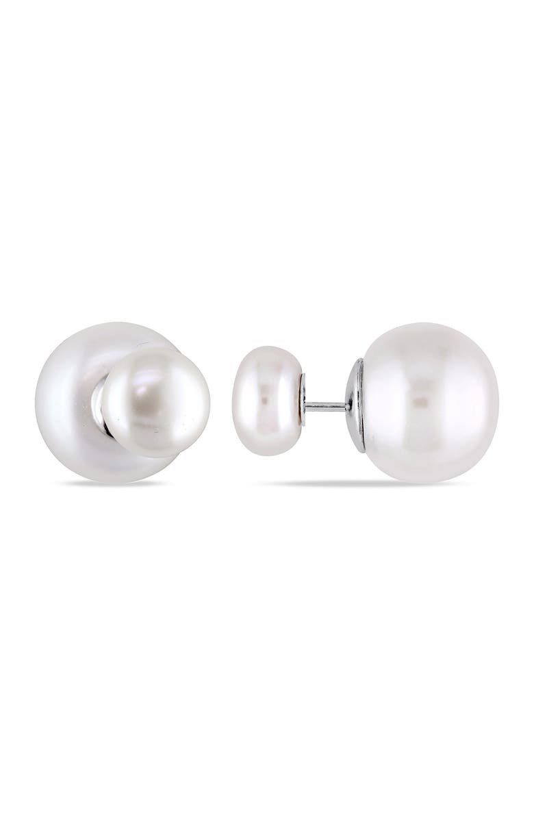 DELMAR Sterling Silver 8–8.5mm & 12.5–13mm White Cultured Freshwater Pearl Silver Button Earrings, Main, color, 