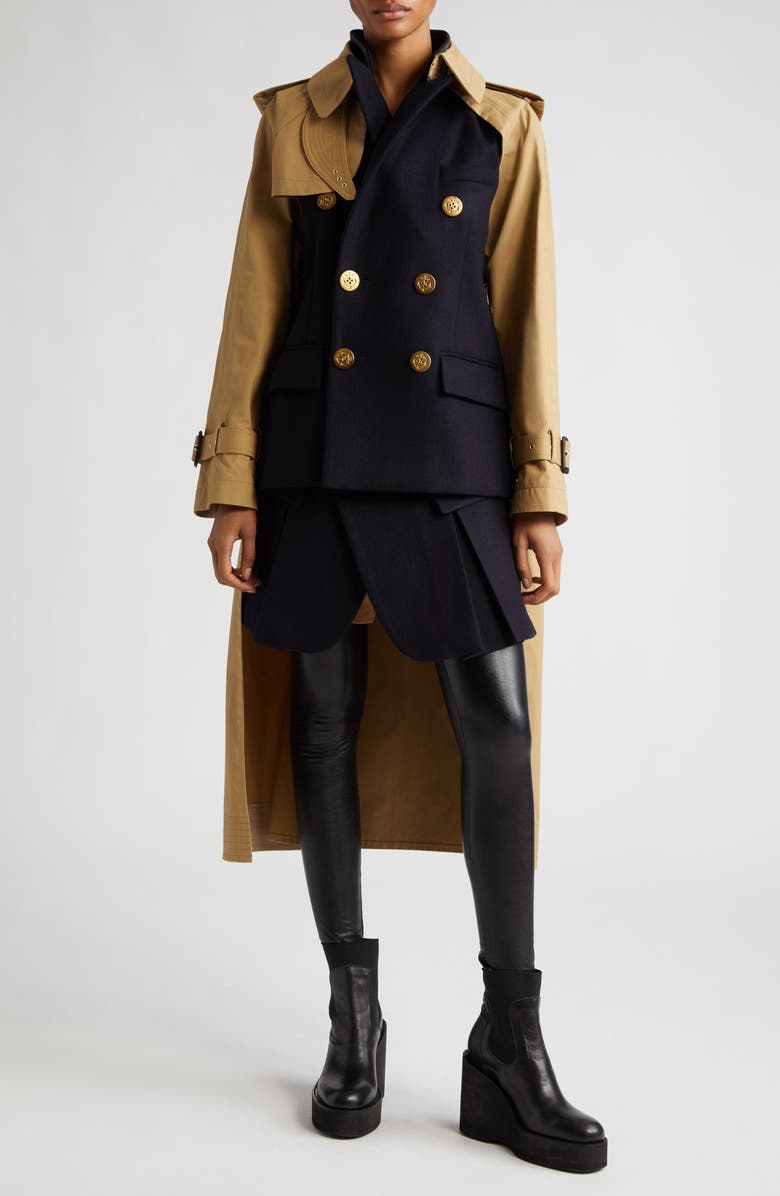 Sacai Wool Melton & Gabardine Trench Peacoat | Nordstrom
