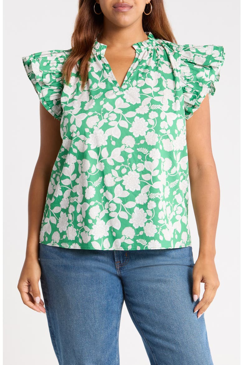 Baxley Risette Ruffle Floral Cotton Top, Main, color, GREEN-GREY