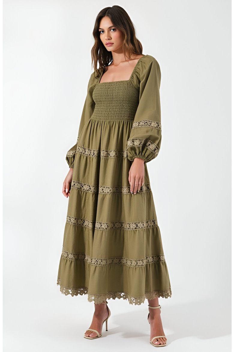Smocked Bodice Maxi Dress with Lace Inset Tiers and Long Puff Sleeves, Alternate, color, Olive Green