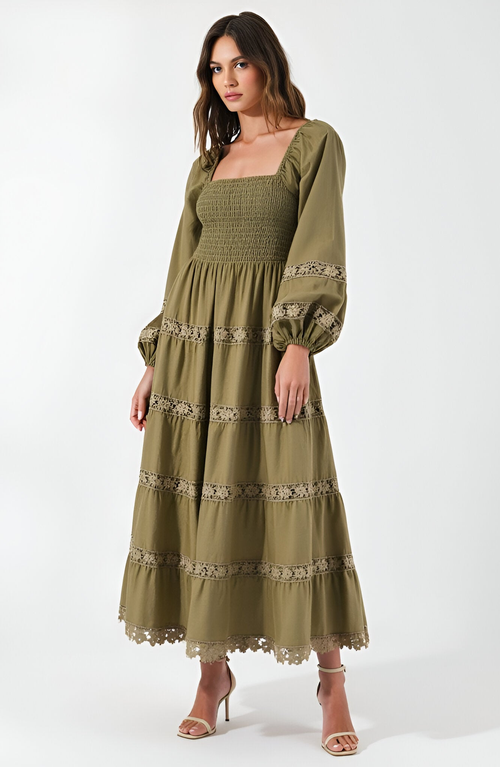 Modenaire Smocked Bodice Maxi Dress With Lace Inset Tiers And Long Puff Sleeves In Green