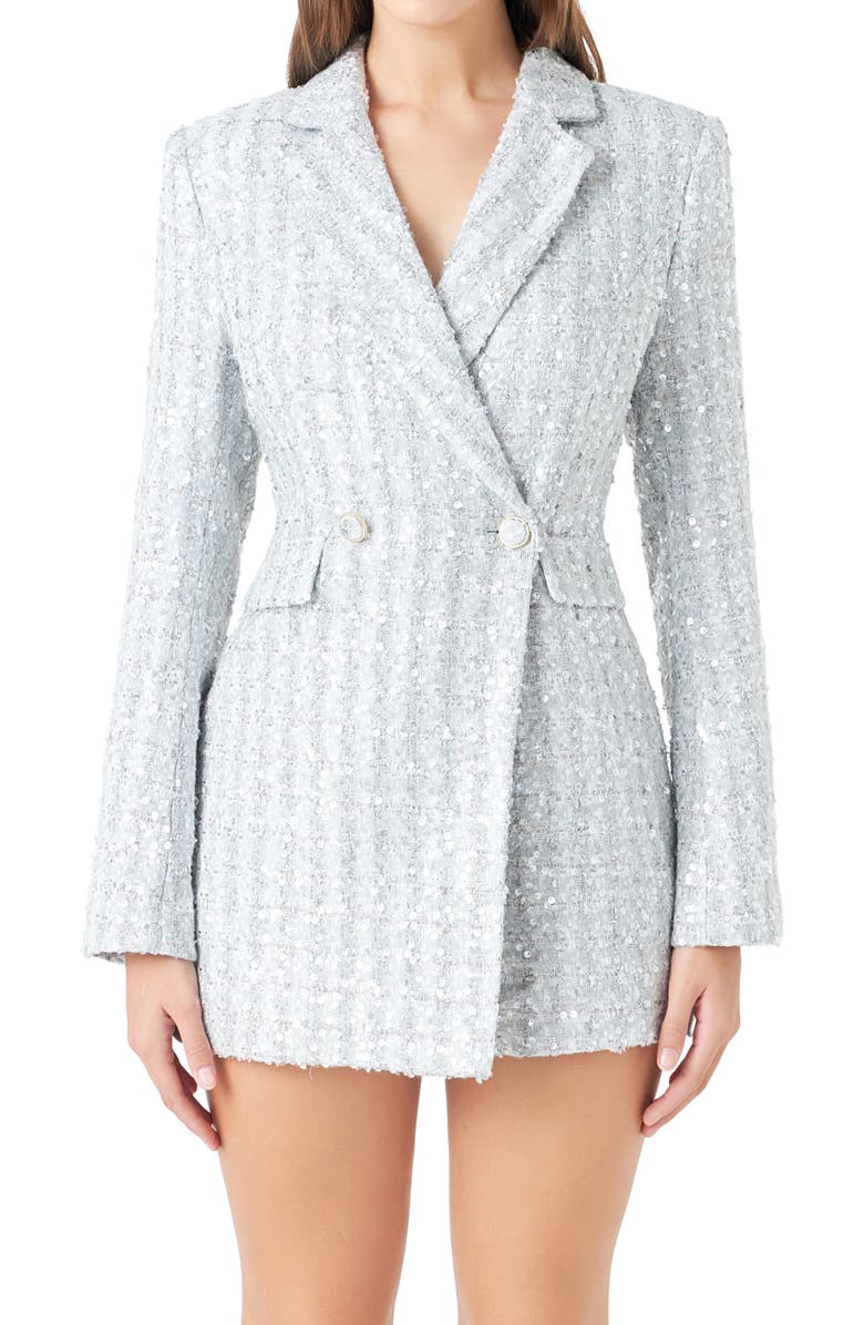 Endless Rose Sequin Tweed Long Sleeve Blazer Romper, Alternate, color, Silver