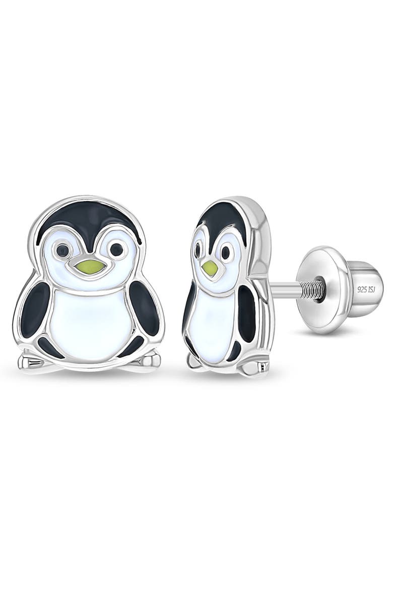In Season Jewelry Playful Penguin Enamel Earrings, Main, color, Black
