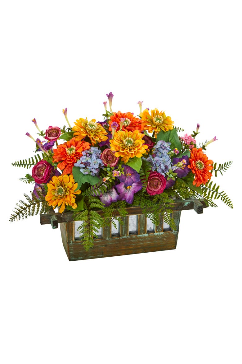 Mixed Floral Artificial Arrangement in Rectangular Wood Planter, Main, color, Multicolor