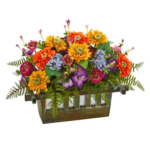 Mixed Floral Artificial Arrangement in Rectangular Wood Planter