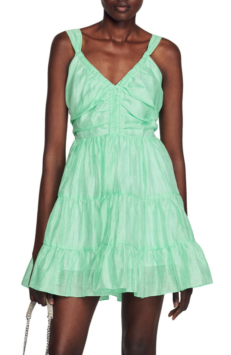 SANDRO Mariella Tie Back Ruffle Minidress, Alternate, color, Vert
