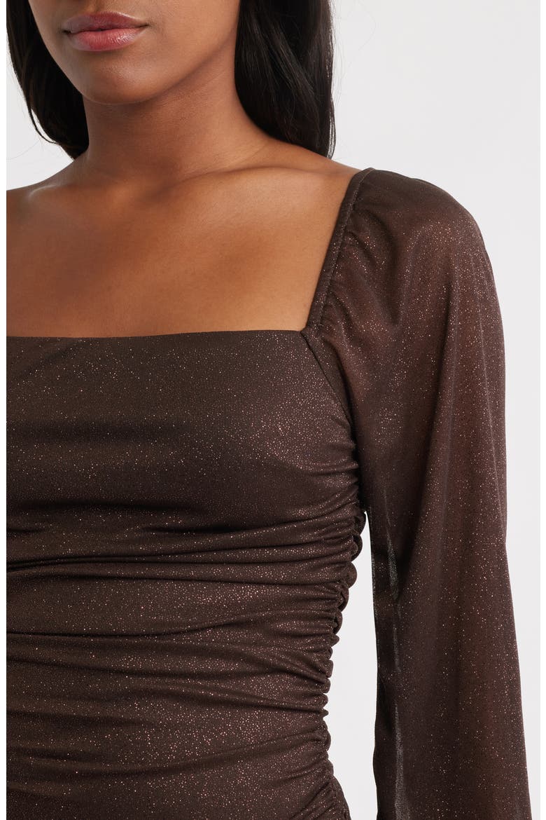 Ruched Glitter Long Sleeve Minidress, Alternate, color, CHOCOLATE