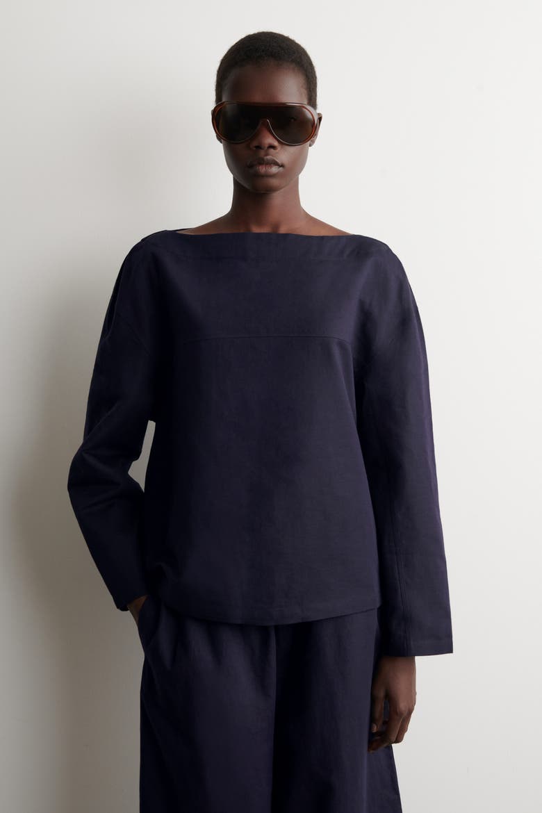 Boat-neck Linen Blouse, Main, color, NAVY