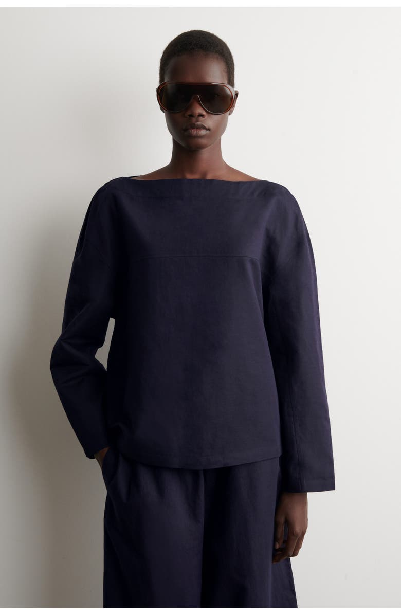 COS Boat-neck Linen Blouse, Main, color, Navy