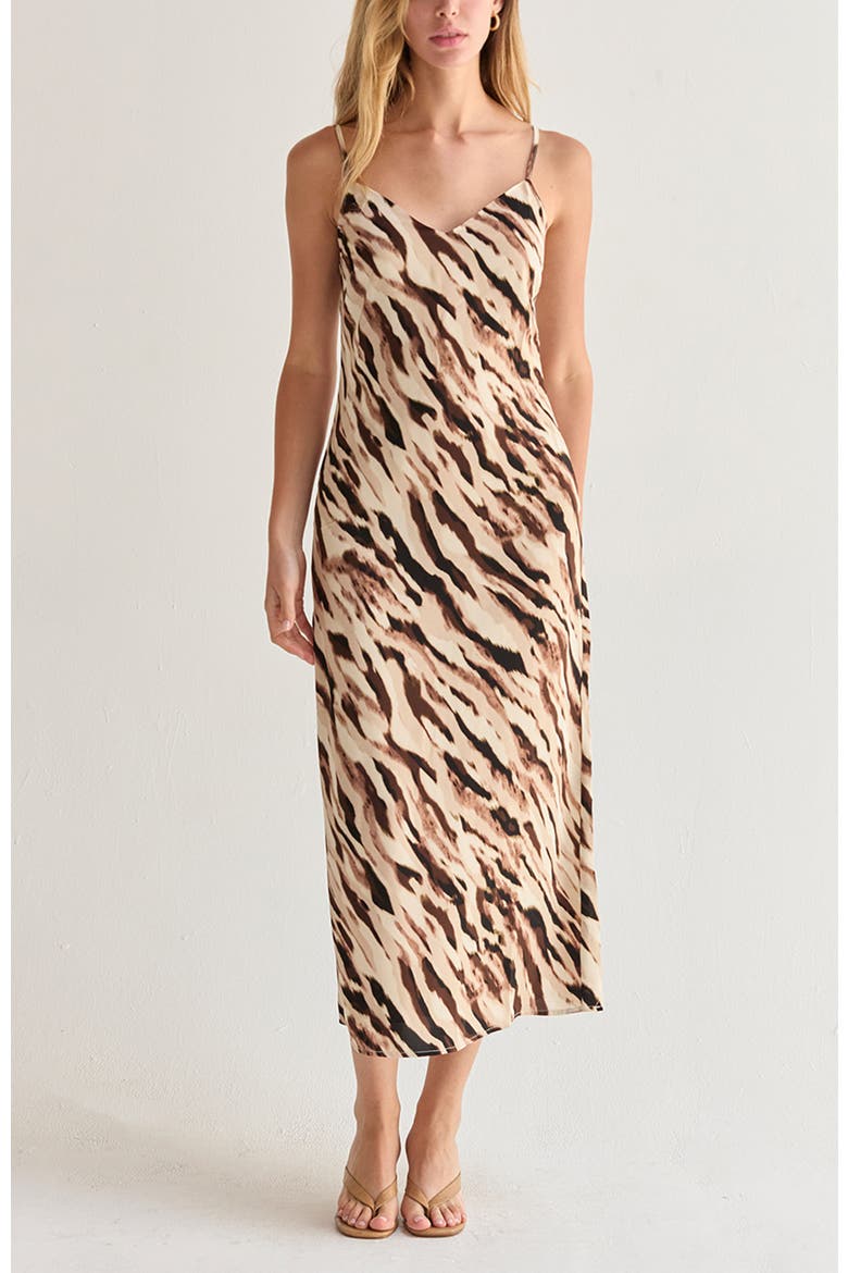 Abstract Animal Print Midi Slip Dress, Main, color, Brown