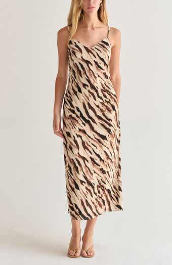 abstract print fitted midi slip dress Micas Dresses | Micas|Abstract Print Fitted Midi Slip Dress | Color: Blue/Brown