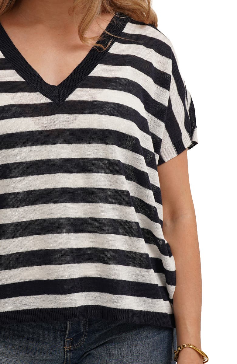 CYRUS Striped V Neck Cap Sleeve Sweater, Alternate, color, Eclipse/ Bone
