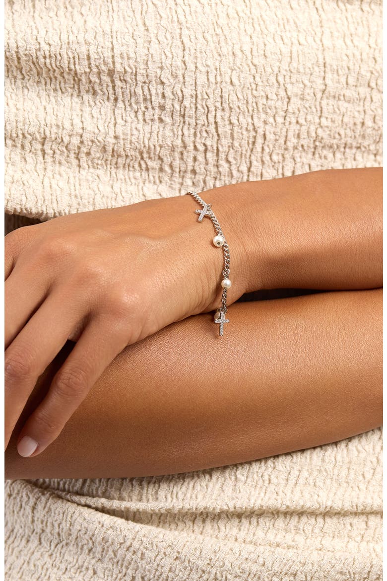 Imitation Pearl & Pavé Cubic Zirconia Cross Charm Bracelet, Alternate, color, SILVER