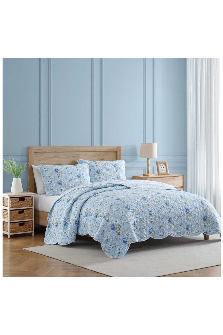 Peony Garden Cotton Quilt & Sham 3-Piece Set, Alternate, color, LIGHT BLUE/ GREEN