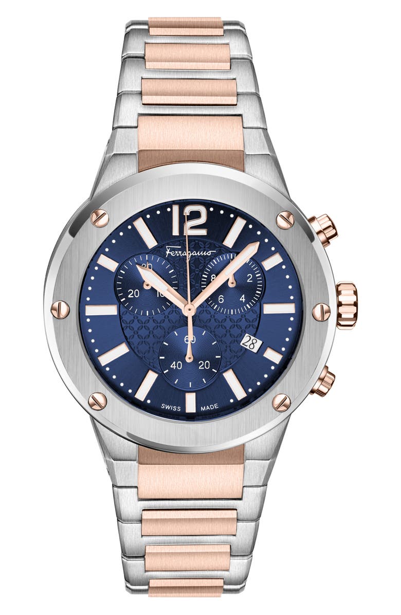 FERRAGAMO F-80 Bracelet Strap Chronograph Watch, 42mm, Main, color, Two Tone