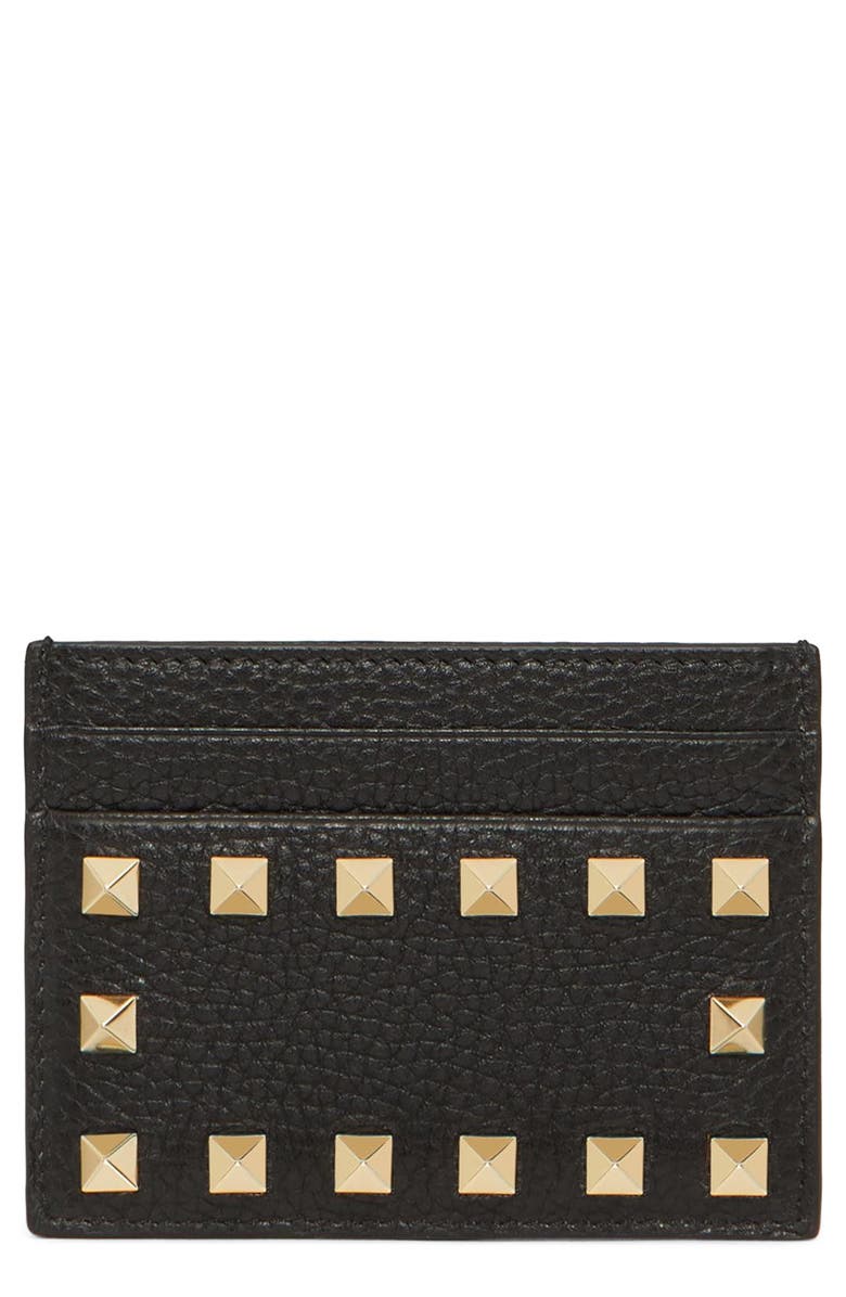 Valentino Garavani Rockstud Leather Card Holder, Main, color, Black