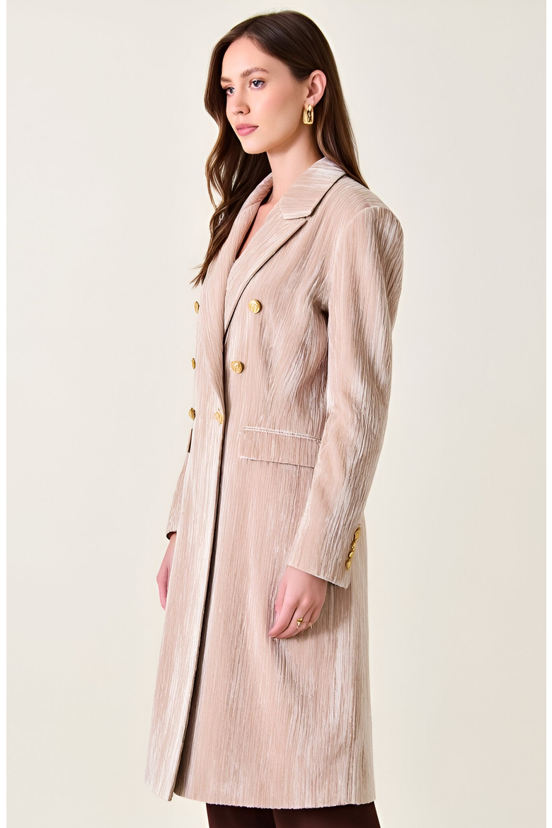 Velvet Double-Breasted Coat with Structured Lapels and Buttons, Alternate, color, Beige