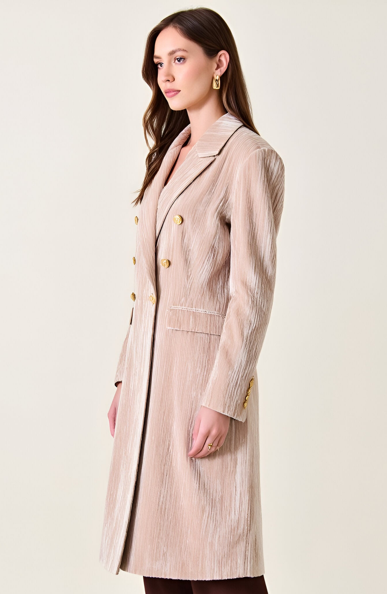 Modenaire Velvet Double-Breasted Coat with Structured Lapels and Buttons, Alternate, color, Beige
