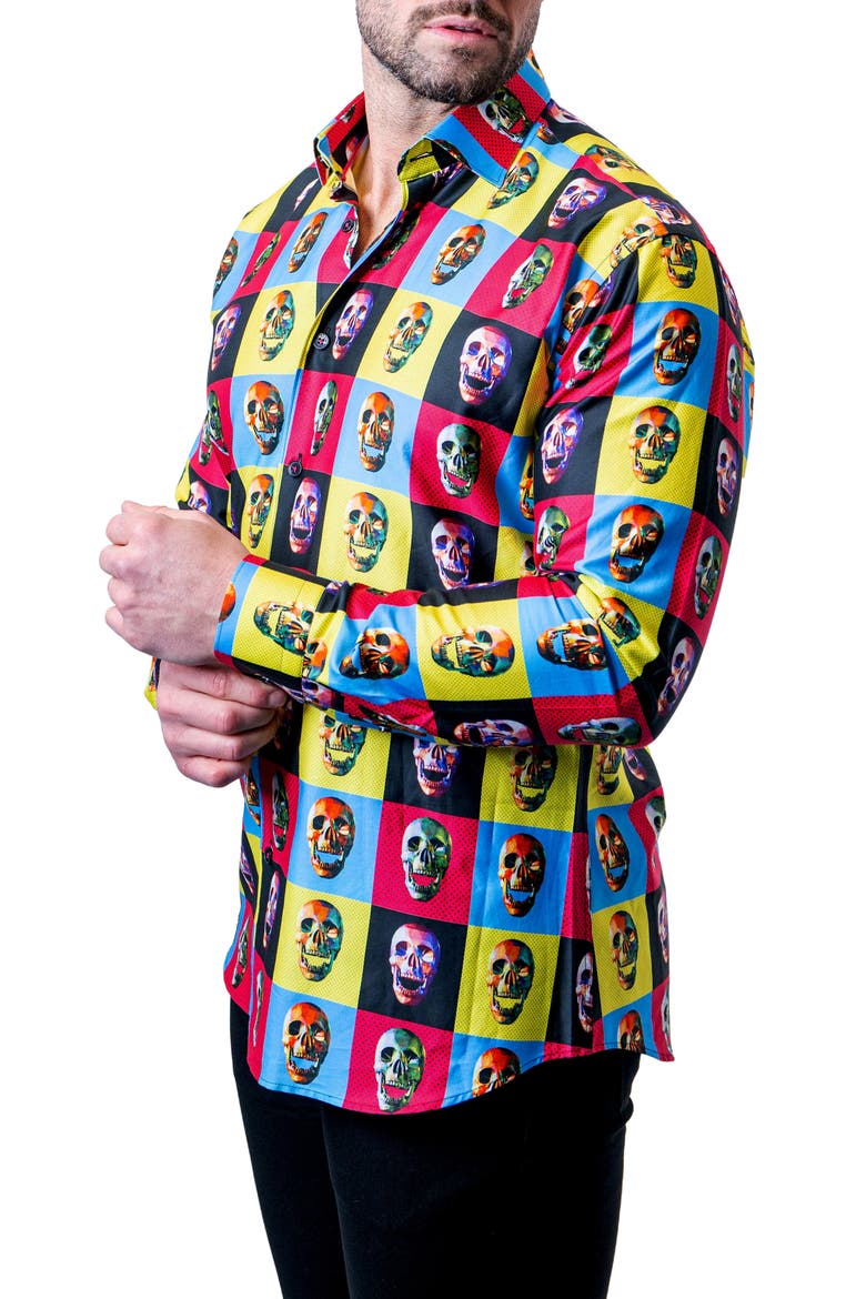 Fibonacci Worhol Skull Multi Button-Up Shirt, Alternate, color, BLUE MULTI