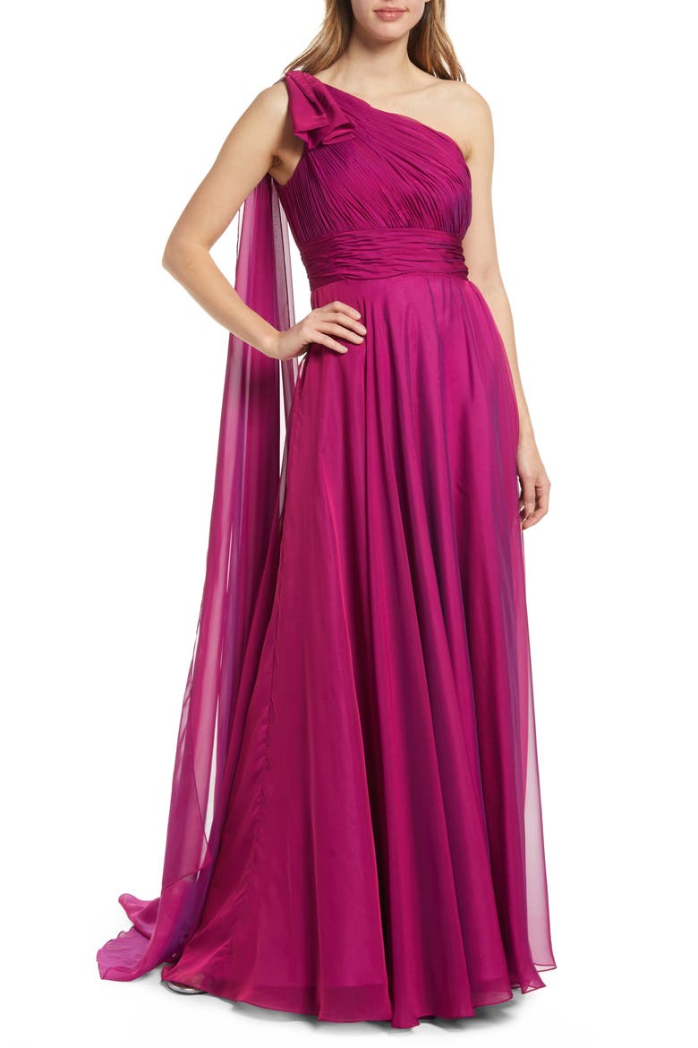 One Shoulder Pleated Chiffon Gown with Draped Waist and High Slit, Main, color, RASPBERRY