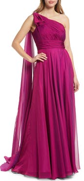 Mac Duggal One Shoulder Pleated Chiffon Gown with Draped Waist and High Slit