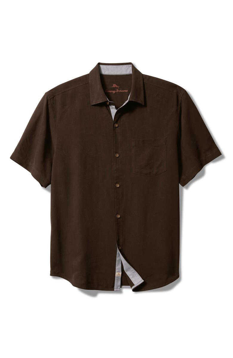 Tommy Bahama I Get Better with Age Embroidered Short Sleeve Silk Button-Up Shirt, Main, color, Brandy