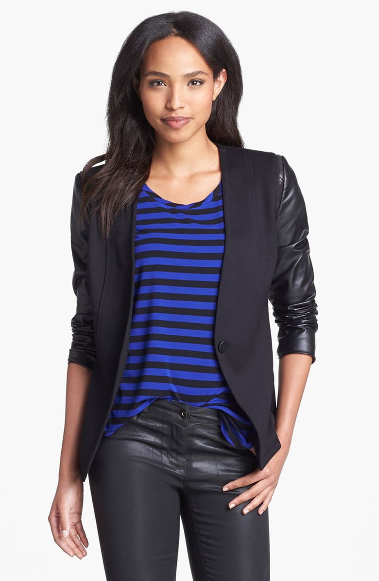 Vince Camuto Collarless Faux Leather Sleeve Jacket, Main, color, 