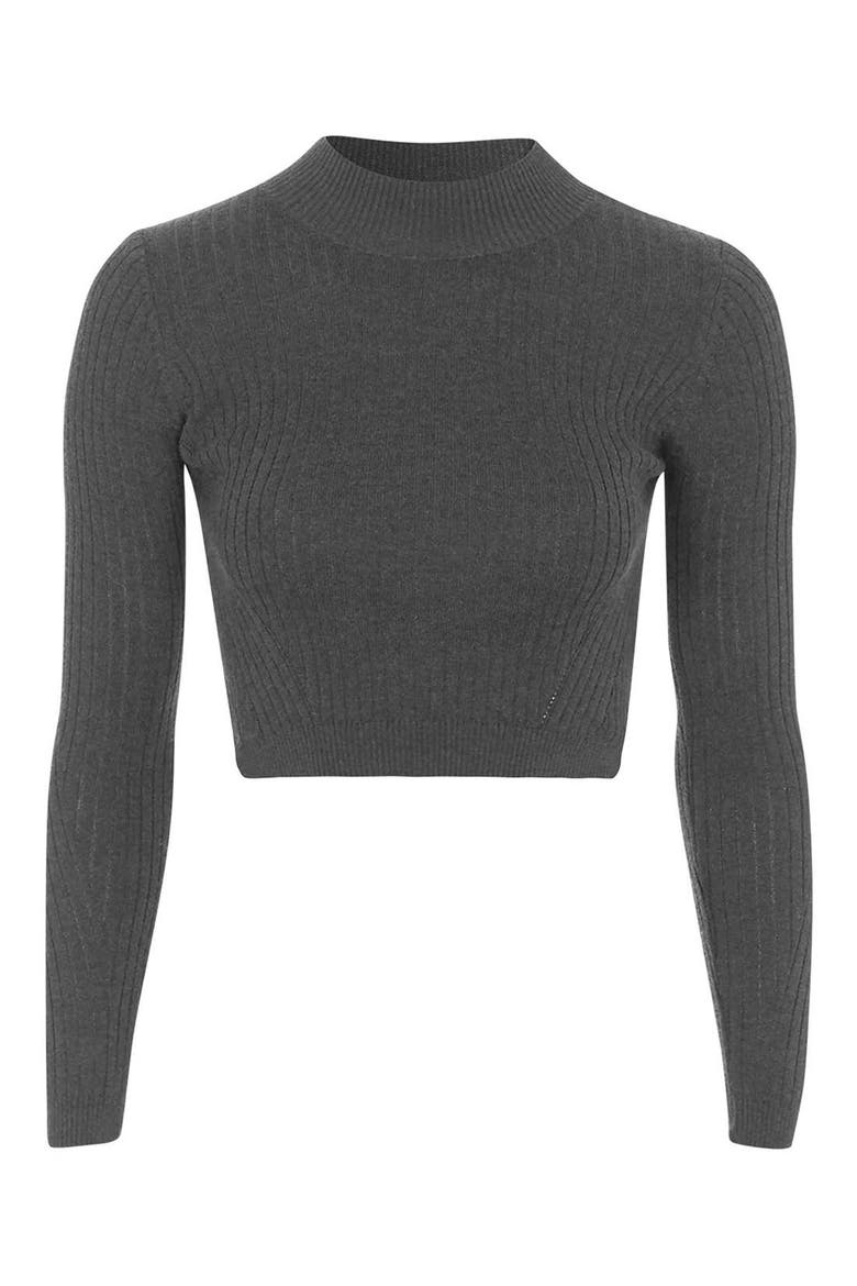 Ribbed Long Sleeve Crop Top, Alternate, color, CHARCOAL