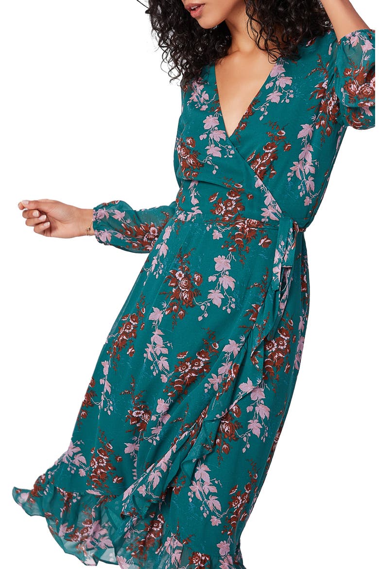 Palazzo Print Long Sleeve Silk Wrap Dress, Alternate, color, DARK AQUA MULTI